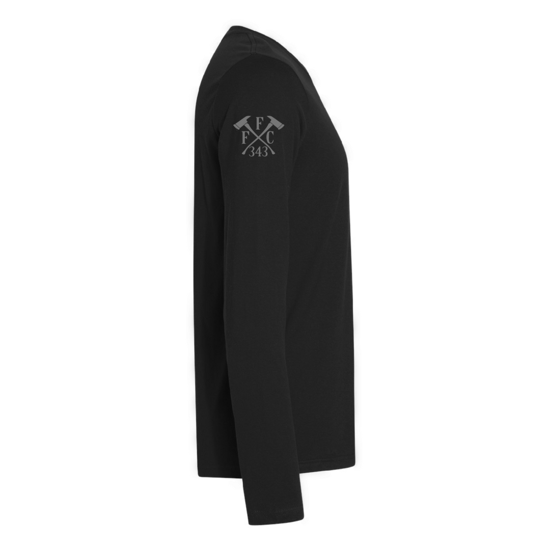 Right side view of a firefighter long sleeves in black color with the  FFC 343 logo.