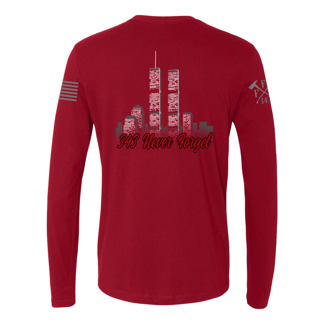 Back view of 9/11 Never Forget firefighter long sleeves in red color featuring full-back design features the Twin Towers, with "343 Never Forget" 