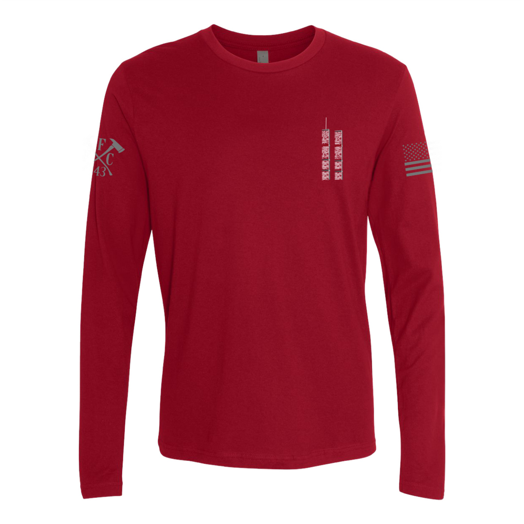 Front view of Never Forget firefighter long sleeves in red color