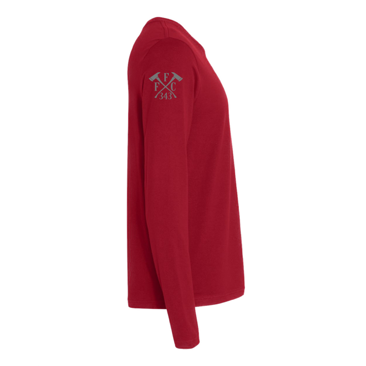 Right side view of a firefighter long sleeves in red color with the  FFC 343 logo.