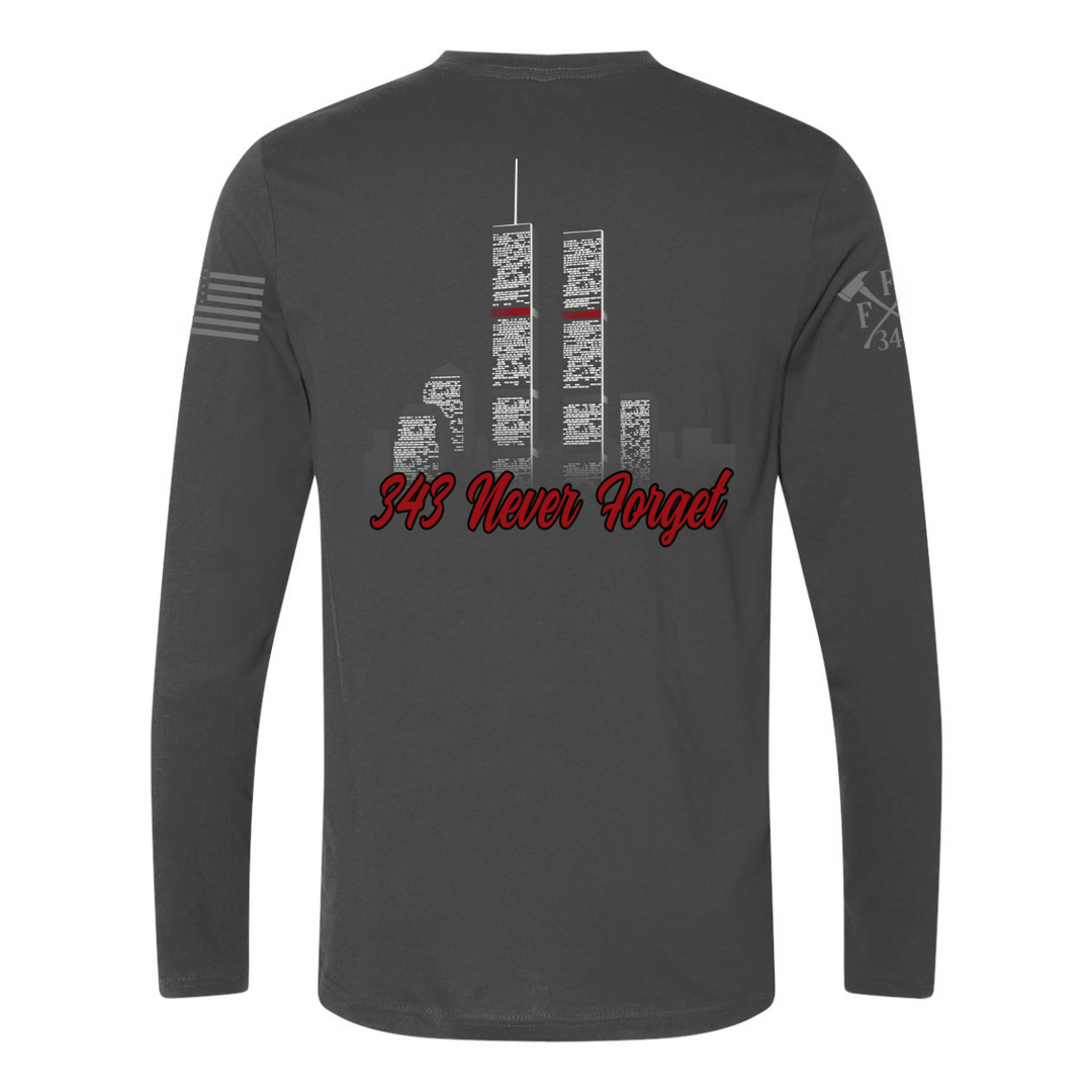 Back view of 9/11 Never Forget firefighter long sleeves in heavy metal color featuring full-back design features the Twin Towers, with "343 Never Forget" 