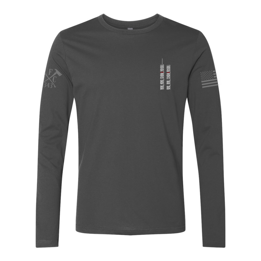 Front view of Never Forget firefighter long sleeves in heavy metal color