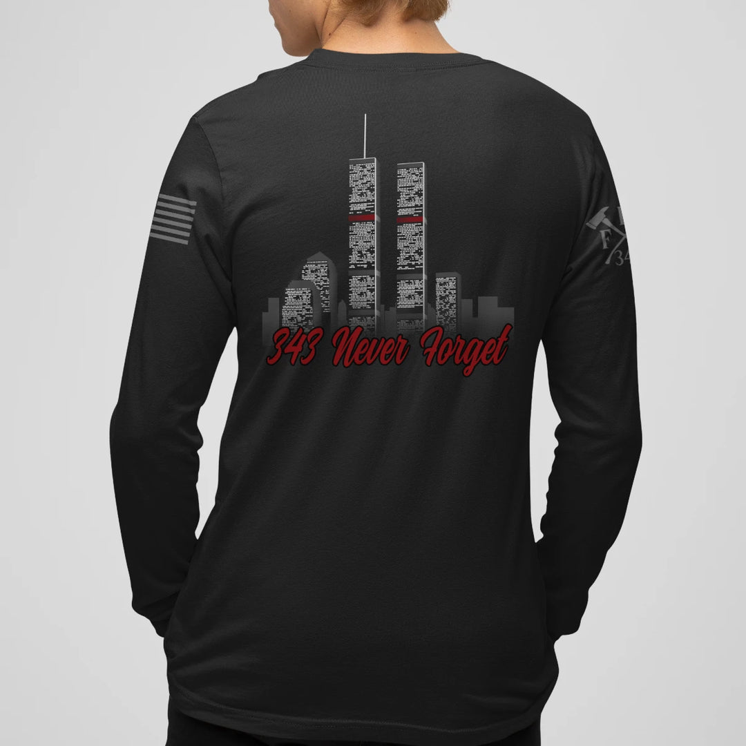 Back view of 9/11 Never Forget firefighter long sleeves in black color featuring full-back design features the Twin Towers, with "343 Never Forget" 