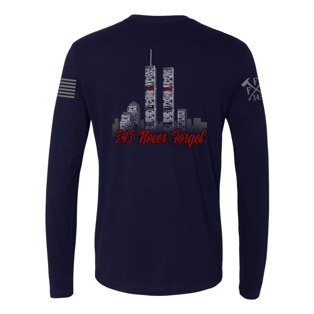 Back view of 9/11 Never Forget firefighter long sleeves in navy color featuring full-back design features the Twin Towers, with "343 Never Forget" 