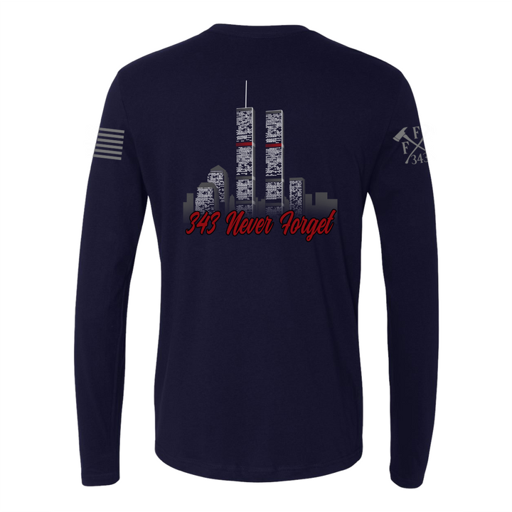 Back view of 9/11 Never Forget firefighter long sleeves in navy color featuring full-back design features the Twin Towers, with "343 Never Forget" 