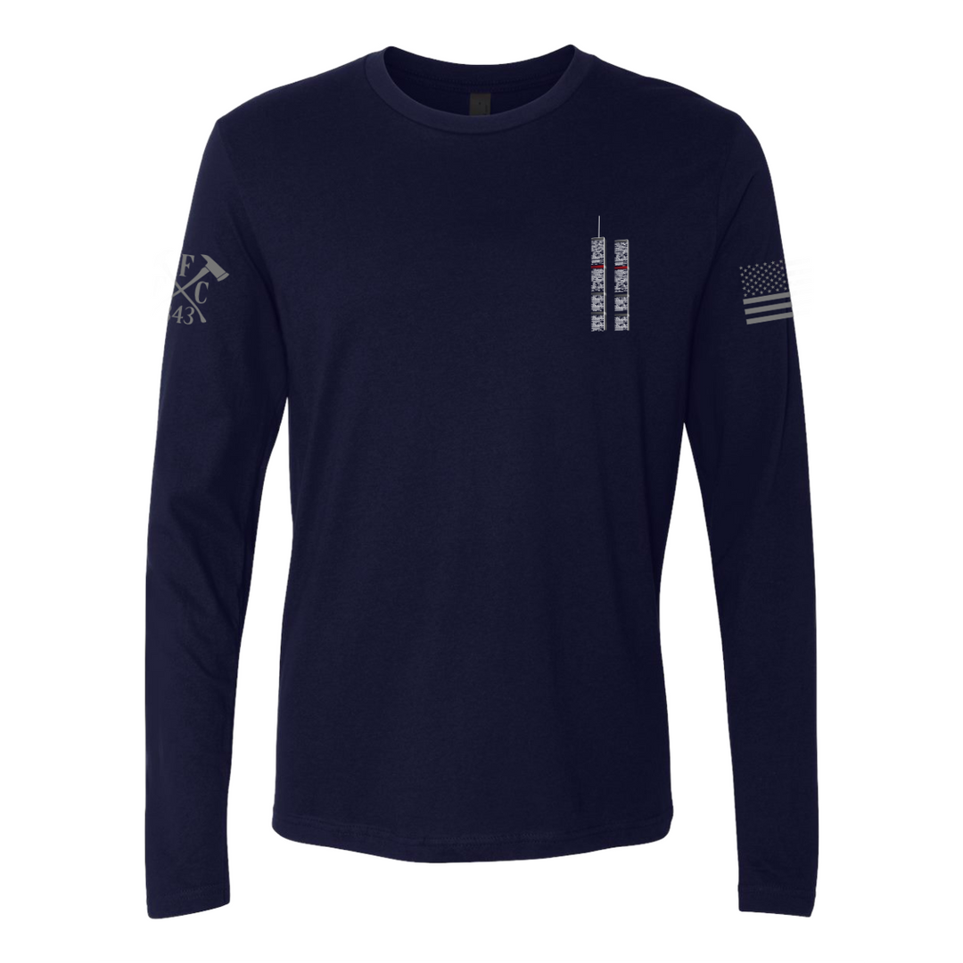 Front view of Never Forget firefighter long sleeves in navy color