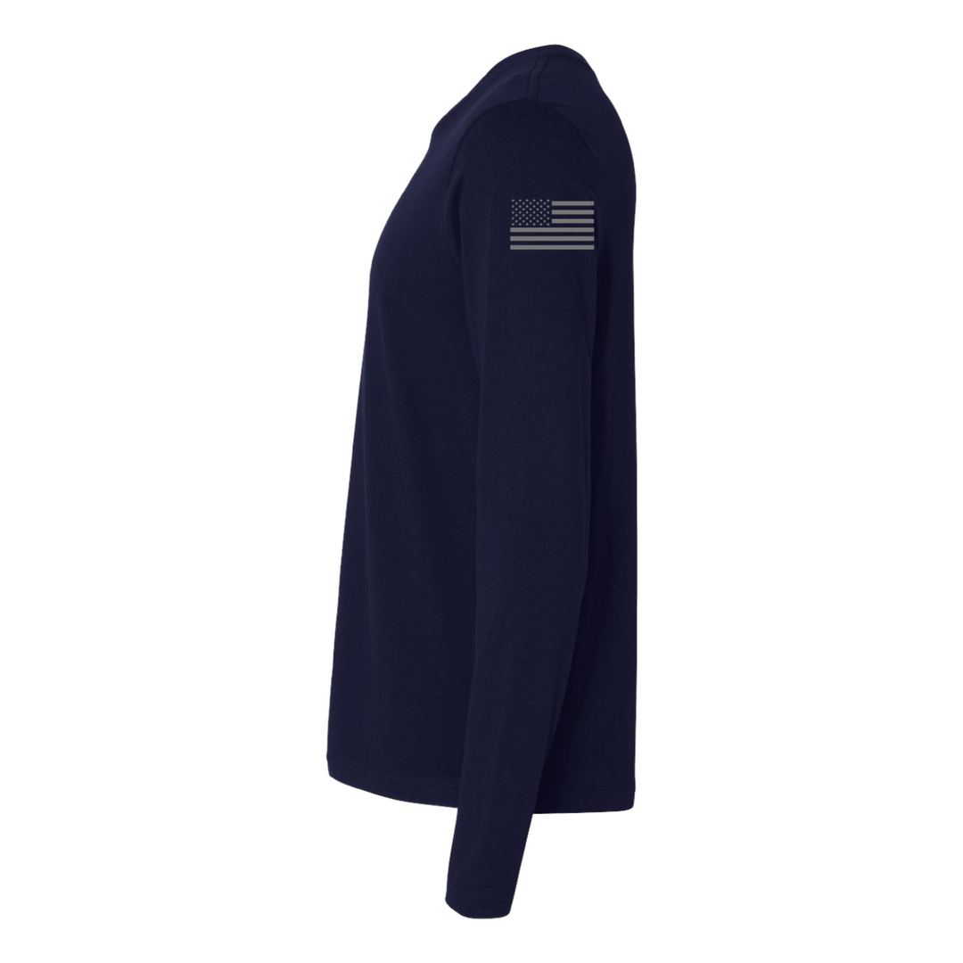 Left side view of a 9/11 Never Forget firefighter long sleeves in navy color with the USA flag printed.