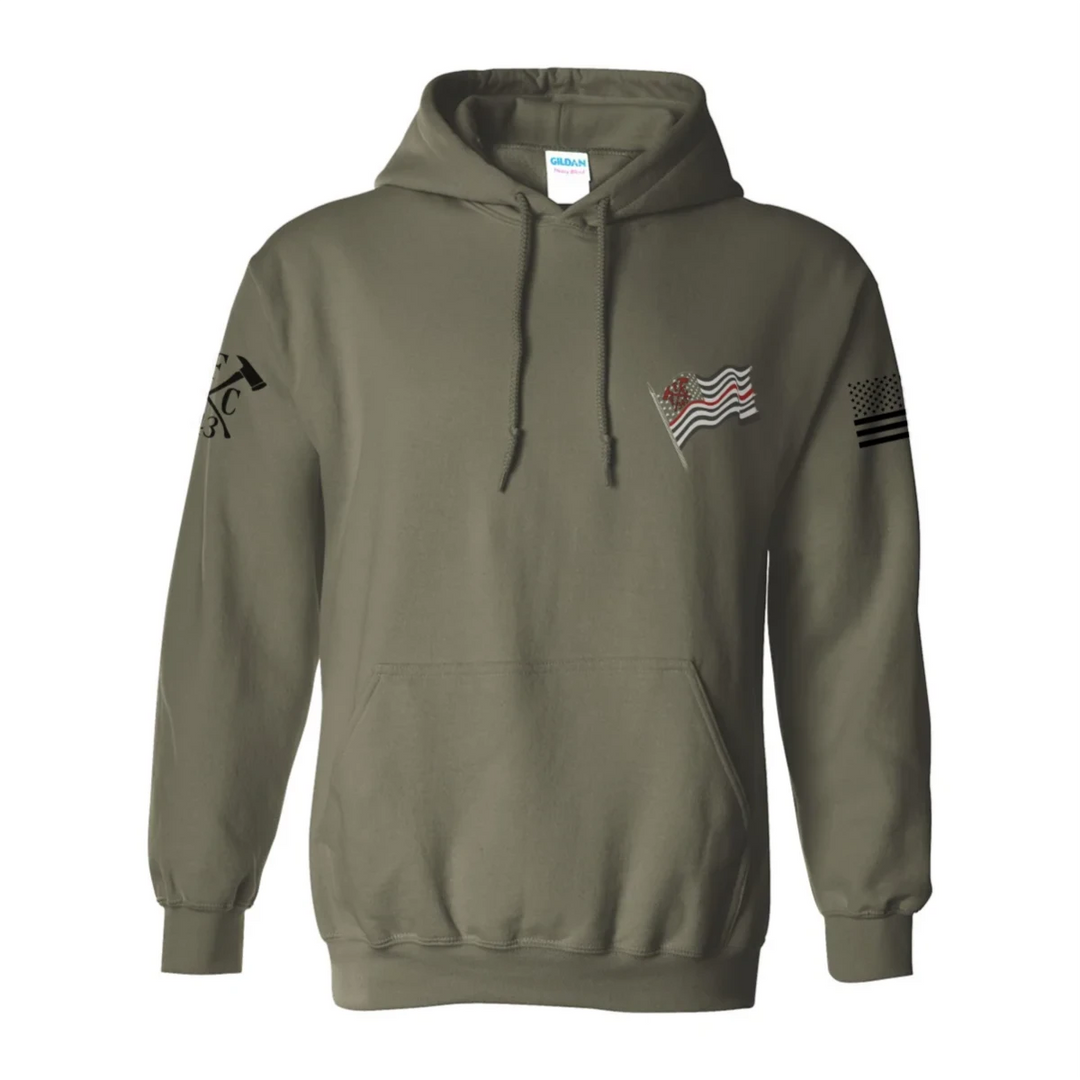 Spartan-themed firefighter hoodie with left chest flag