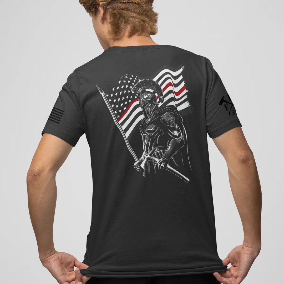 Premium firefighter T-shirt with Spartan and flag graphics