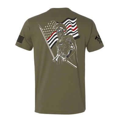 Firefighter T-shirt with Cavalier knight design and USA flag