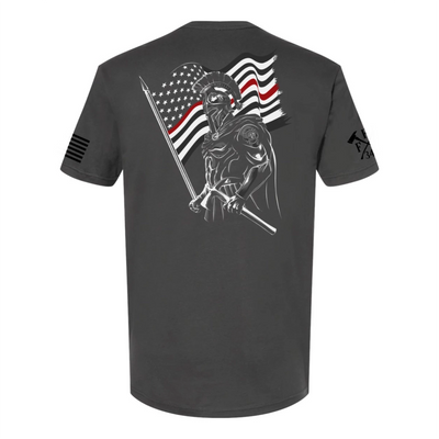 Firefighter T-shirt with Cavalier knight design and USA flag