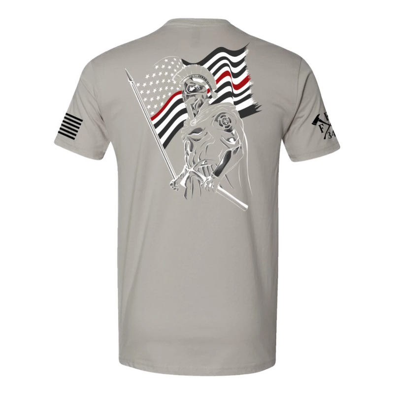 Firefighter-themed T-shirt featuring knight and flag graphics