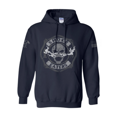 Front view of firefighter hoodies in navy color featuring a full-front design print of a skull inhaling smoke, with a distressed grey and off-white look. 