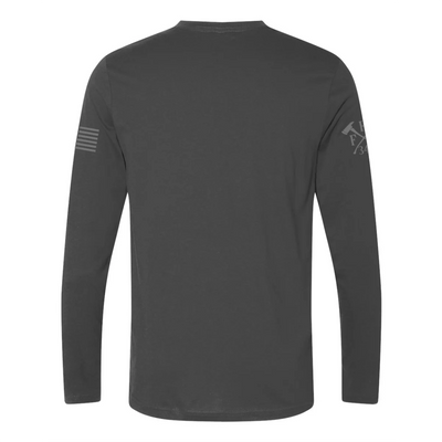 Front view of firefighter long sleeves in heavy metal color featuring a full-front design print of a skull inhaling smoke, with a distressed grey and off-white look. 