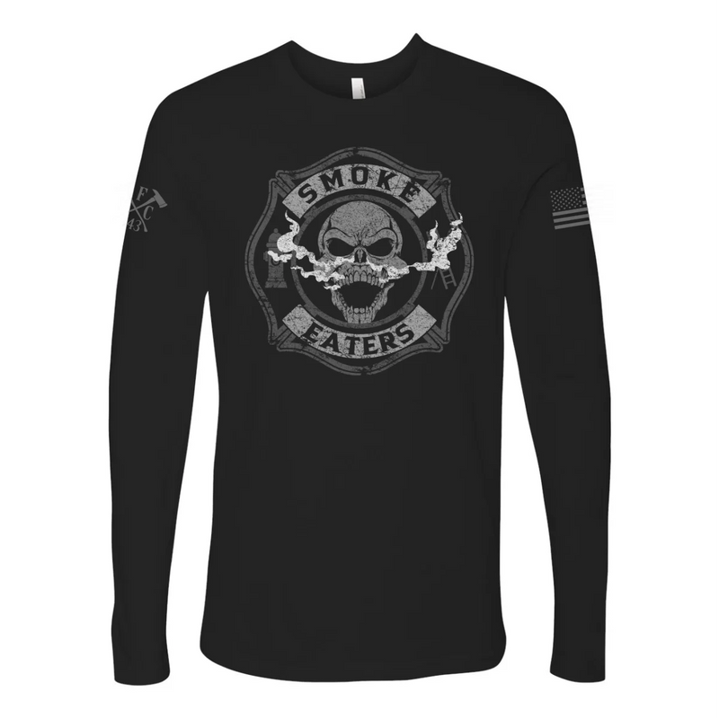 Front view of firefighter long sleeves in black color featuring a full-front design print of a skull inhaling smoke, with a distressed grey and off-white look. 