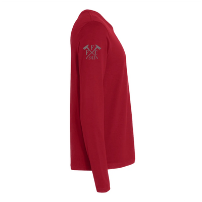 Right side view of a firefighter long sleeves in cardinal red color with the FFC 343 logo.