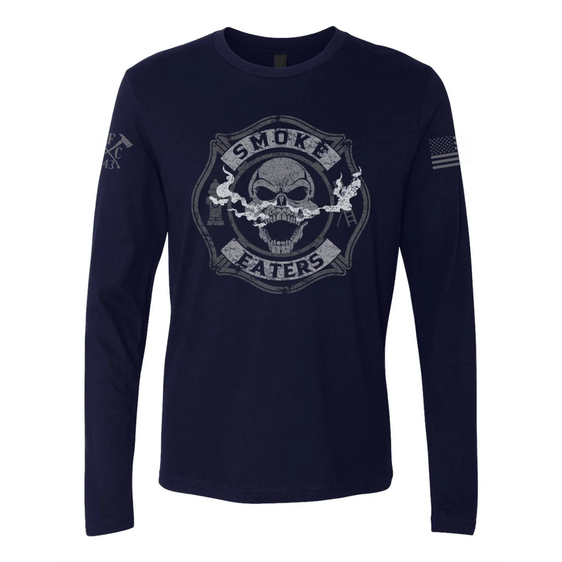 Front view of firefighter long sleeves in navy color featuring a full-front design print of a skull inhaling smoke, with a distressed grey and off-white look. 