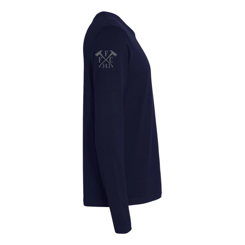 Right side view of a firefighter long sleeves in navy color with the FFC 343 logo.