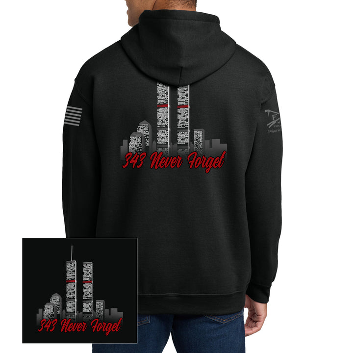 Back view of 343 Skyline Hoodie in black featuring a firefighter-inspired skyline graphic #color_black