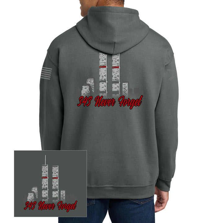 Back view of 343 Skyline Hoodie in charcoal featuring a firefighter-inspired skyline graphic #color_charcoal