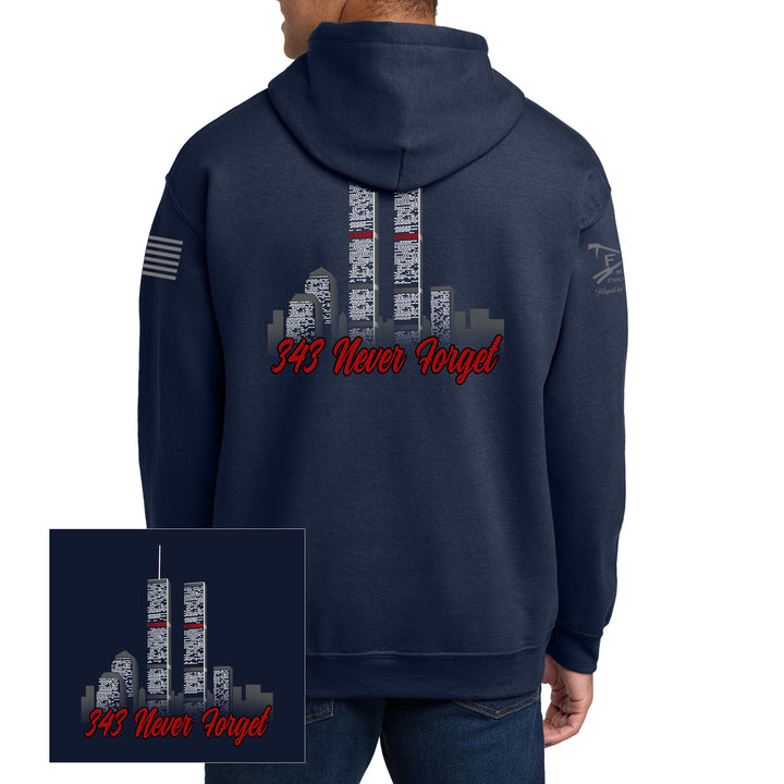 Back view of 343 Skyline Hoodie in navy featuring a firefighter-inspired skyline graphic #color_navy