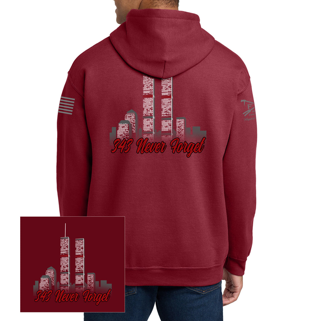 Back view of 343 Skyline Hoodie in cardinal red featuring a firefighter-inspired skyline graphic #color_cardinal-red