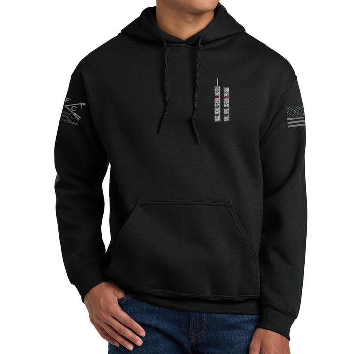 Front view of black 343 Skyline Hoodie with firefighter skyline design #color_black