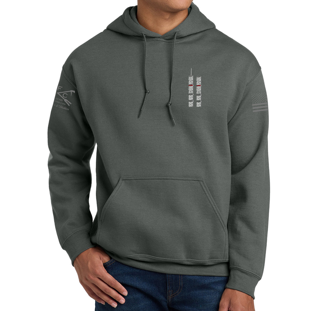 Front view of charcoal 343 Skyline Hoodie with firefighter skyline design #color_charcoal