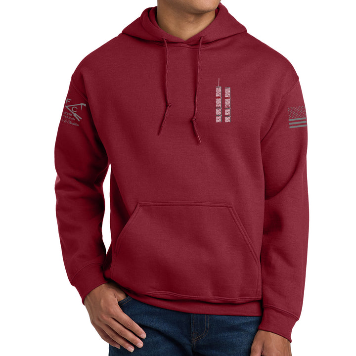 Front view of cardinal red 343 Skyline Hoodie with firefighter skyline design #color_cardinal-red