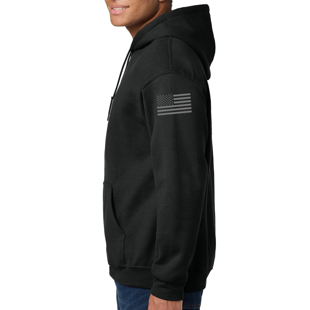 Left sleeve view of black 343 Skyline Hoodie #color_black