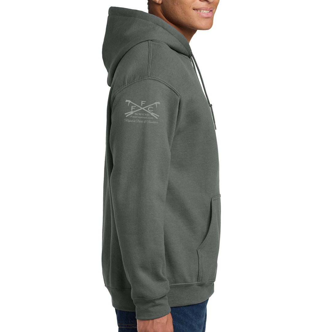 Right sleeve view of charcoal 343 Skyline Hoodie #color_charcoal