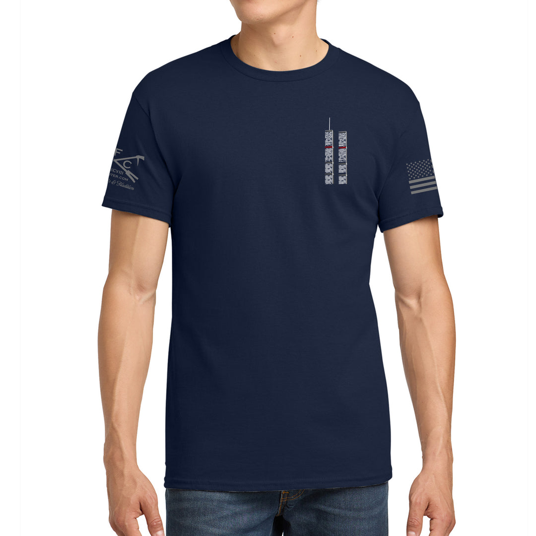 Front view of navy 343 Skyline firefighter T-Shirt with graphic print #color_navy