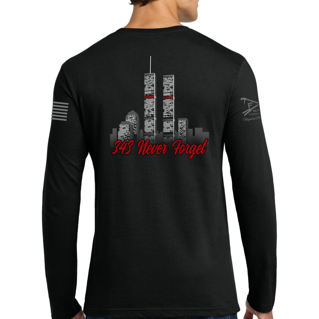 Back view of 343 Skyline Long Sleeve T-Shirt in black featuring a firefighter-inspired skyline graphic #color_black