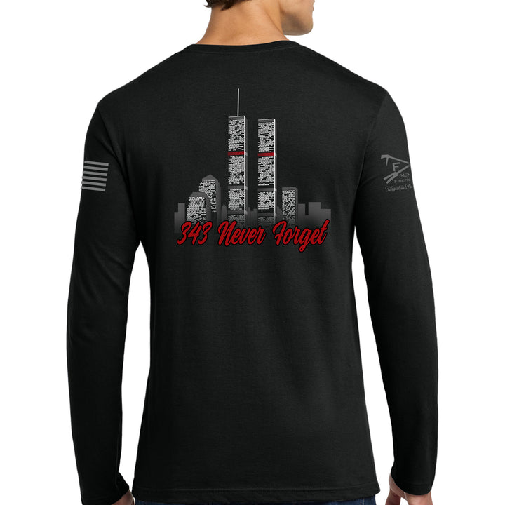 Back view of 343 Skyline Long Sleeve T-Shirt in black featuring a firefighter-inspired skyline graphic #color_black