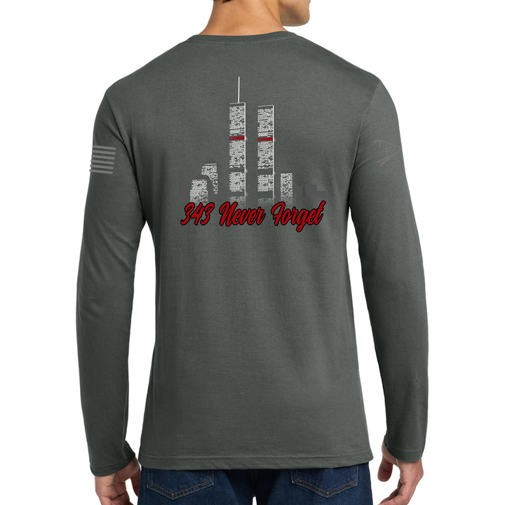 Back view of 343 Skyline Long Sleeve T-Shirt in charcoal featuring a firefighter-inspired skyline graphic #color_charcoal