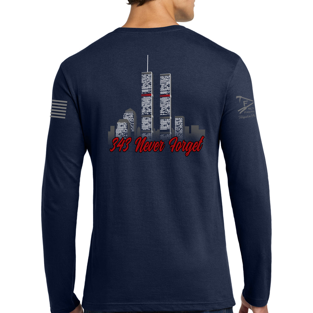 Back view of 343 Skyline Long Sleeve T-Shirt in navy featuring a firefighter-inspired skyline graphic #color_navy
