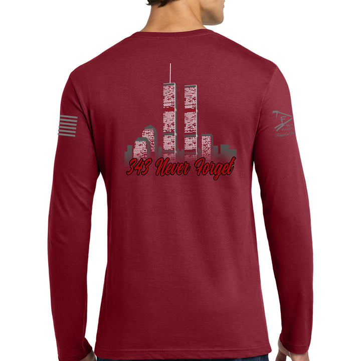 Back view of 343 Skyline Long Sleeve T-Shirt in cardinal red featuring a firefighter-inspired skyline graphic #color_cardinal-red