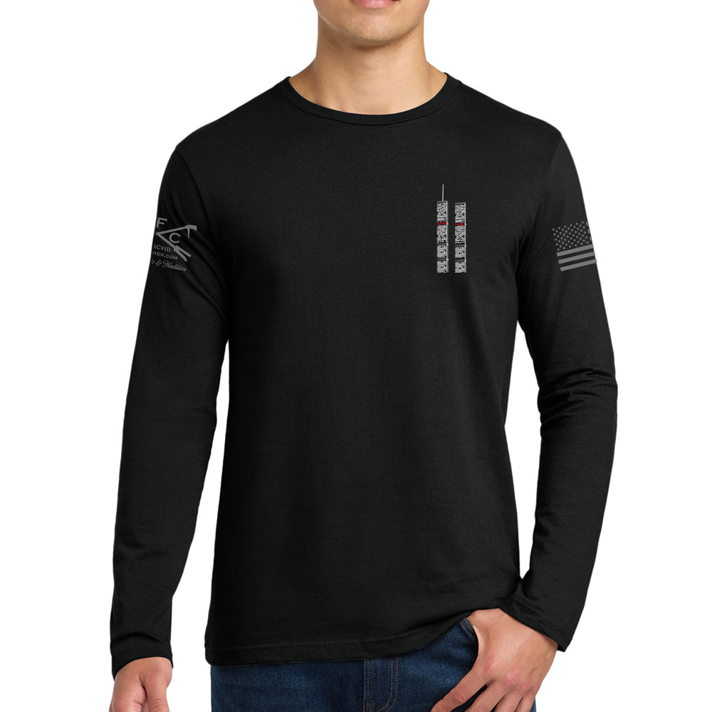 Front view of black 343 Skyline Long Sleeve T-Shirt with firefighter skyline design #color_black