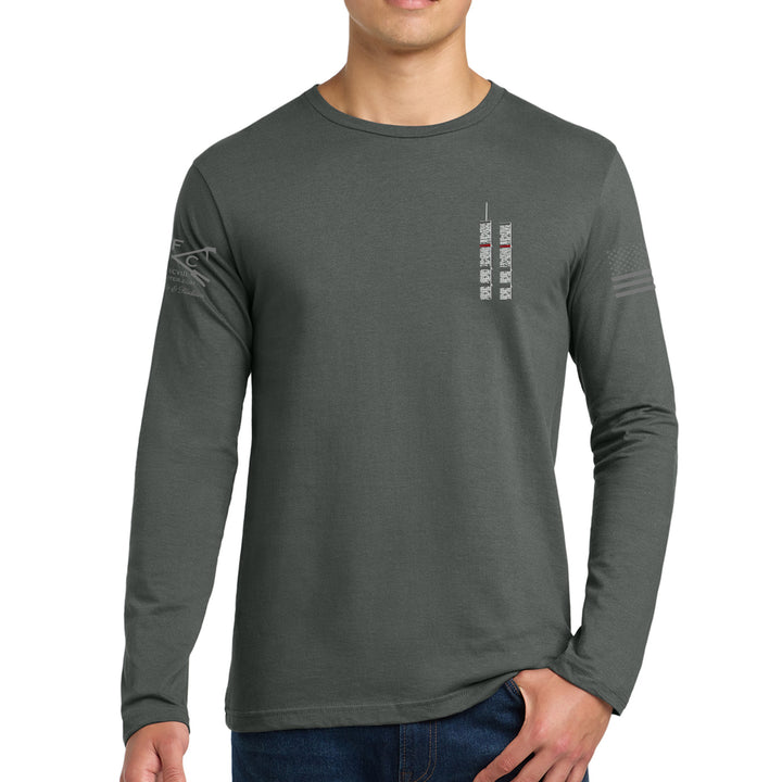 Front view of charcoal 343 Skyline Long Sleeve T-Shirt with firefighter skyline design #color_charcoal