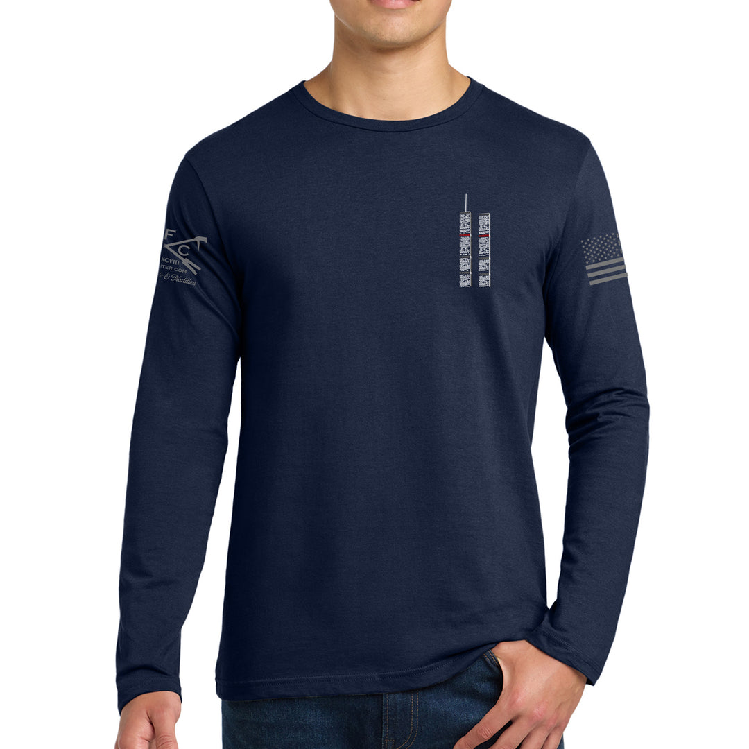Front view of navy 343 Skyline Long Sleeve T-Shirt with firefighter skyline design #color_navy