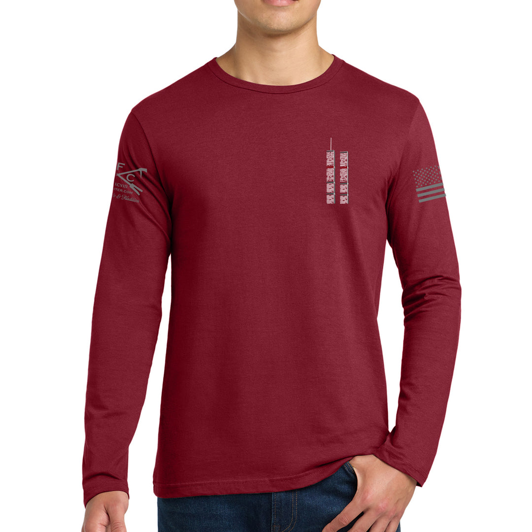 Front view of cardinal red 343 Skyline Long Sleeve T-Shirt with firefighter skyline design #color_cardinal-red