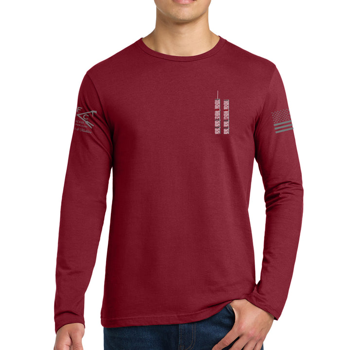 Front view of cardinal red 343 Skyline Long Sleeve T-Shirt with firefighter skyline design #color_cardinal-red