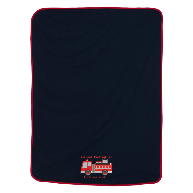 Customized Baby Blanket with Fire Truck in Navy and Red