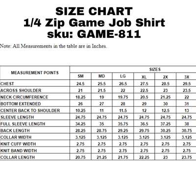 Game Sportswear 1/4 Zip Job Shirt Size Chart