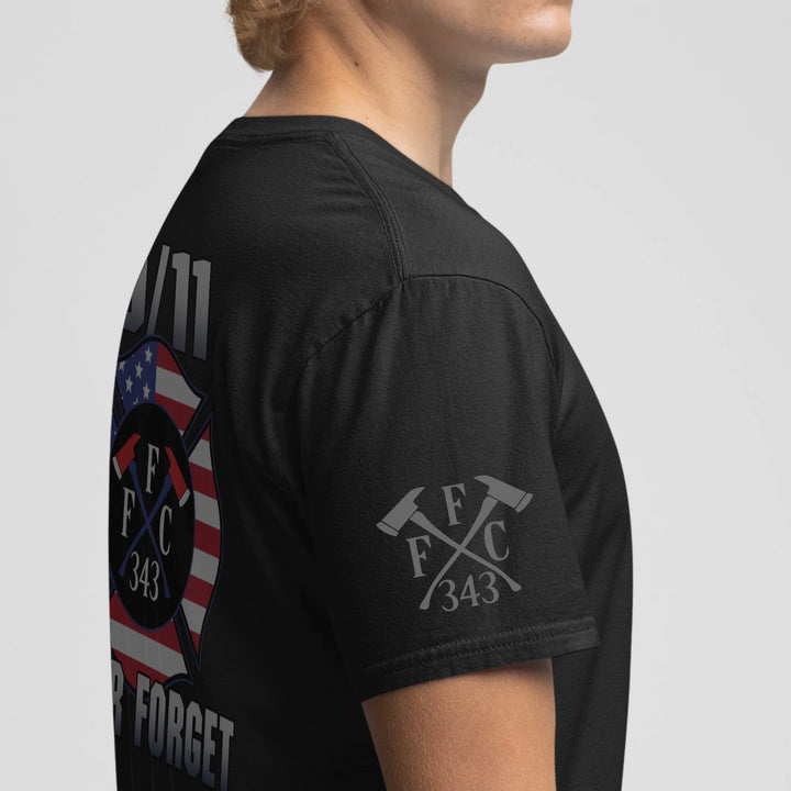 FFC 343 Stairway to Heaven 9/11 T-Shirt front view featuring firefighter tribute design