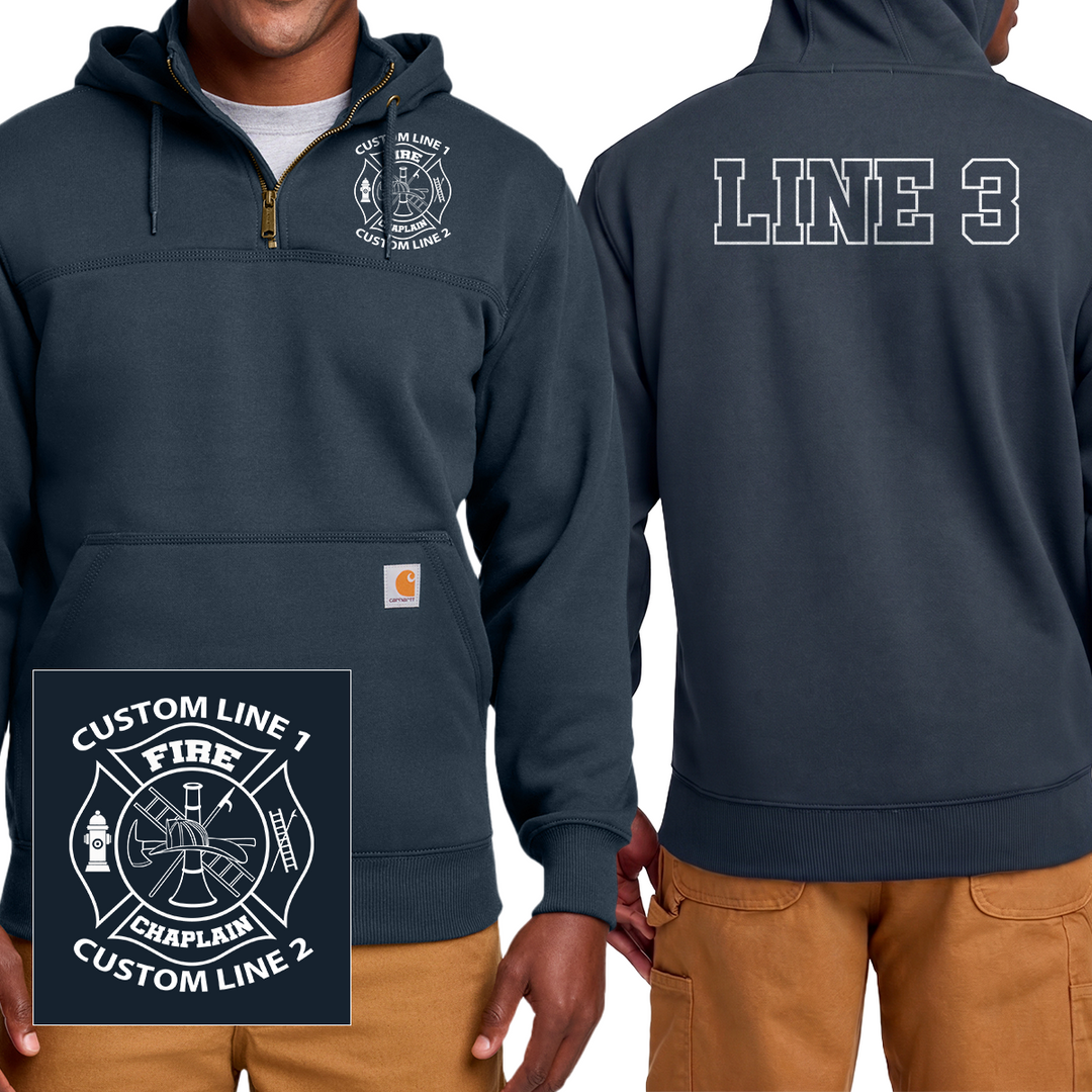 A navy pullover hoodie shown on a model from the front and back, with a small inset showing a custom fire department style emblem. The front has a quarter-zip closure, a kangaroo pocket, and a small Carhartt logo patch. #color_navy