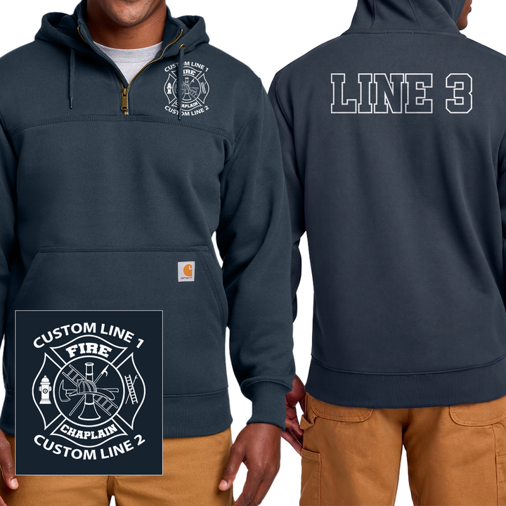 A navy pullover hoodie shown on a model from the front and back, with a small inset showing a custom fire department style emblem. The front has a quarter-zip closure, a kangaroo pocket, and a small Carhartt logo patch. #color_navy