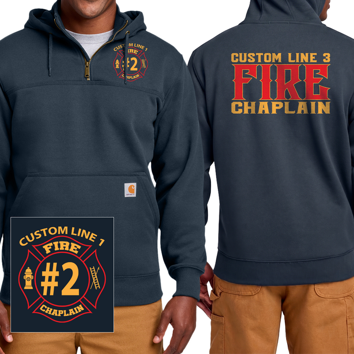 A navy pullover hoodie shown from the front and back on a model, with a small inset detail of the front chest graphic. The hoodie features a custom fire department style emblem with the text 'CUSTOM LINE 1 FIRE #2 CHAPLAIN' in yellow and red on a black background. #color_navy