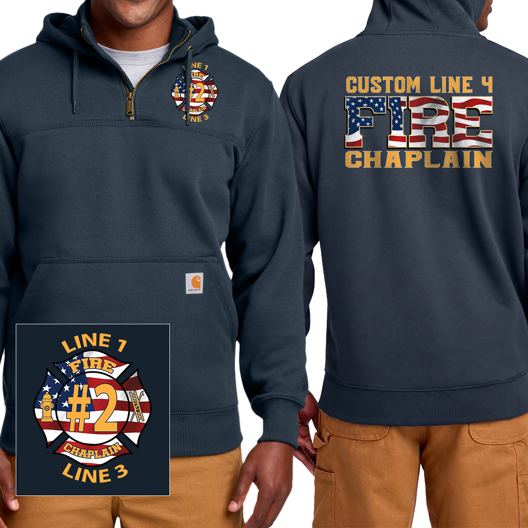 A navy blue hoodie shown on a model from the front and back, featuring a custom fire department graphic with an American flag pattern and gold text. The front has a quarter-zip closure and a kangaroo pocket, while the back displays 'CUSTOM LINE 4 FIRE CHAPLAIN' in gold lettering. #color_navy