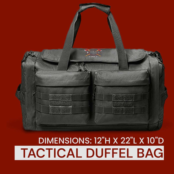 Spacious firefighter duffel bag with interior storage pockets and padded shoulder strap.